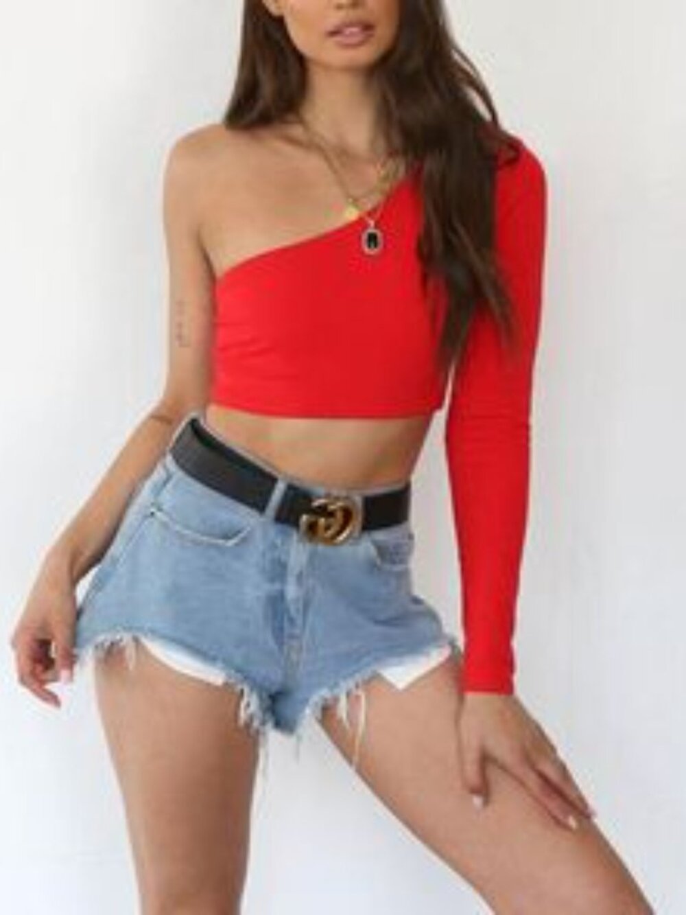 Tiger Mist One-Shoulder Crop Top (Red) - Picture 4 of 9
